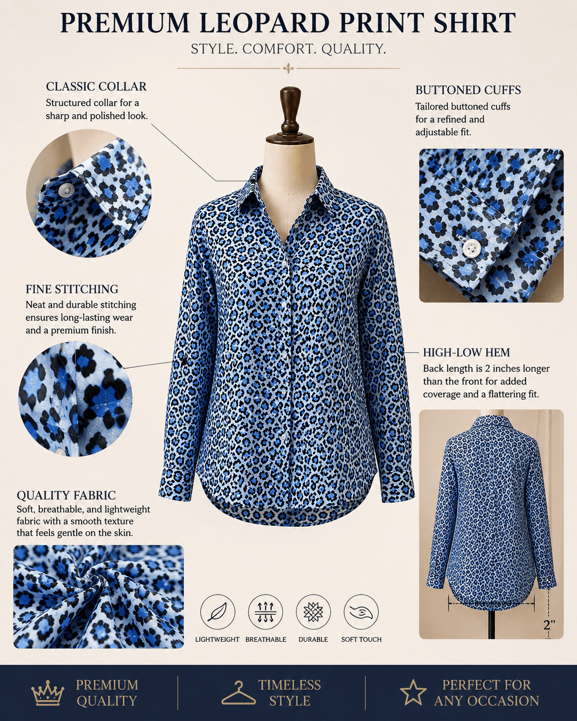 Leopard Bae(Blue Edition) Premium Swiss Cotton Button Down Shirt for Women | Soft, Breathable & All-Season Wear(Full Sleeves)