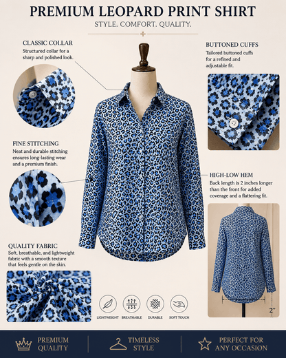 Leopard Bae(Blue Edition) Premium Swiss Cotton Button Down Shirt for Women | Soft, Breathable & All-Season Wear(Full Sleeves)