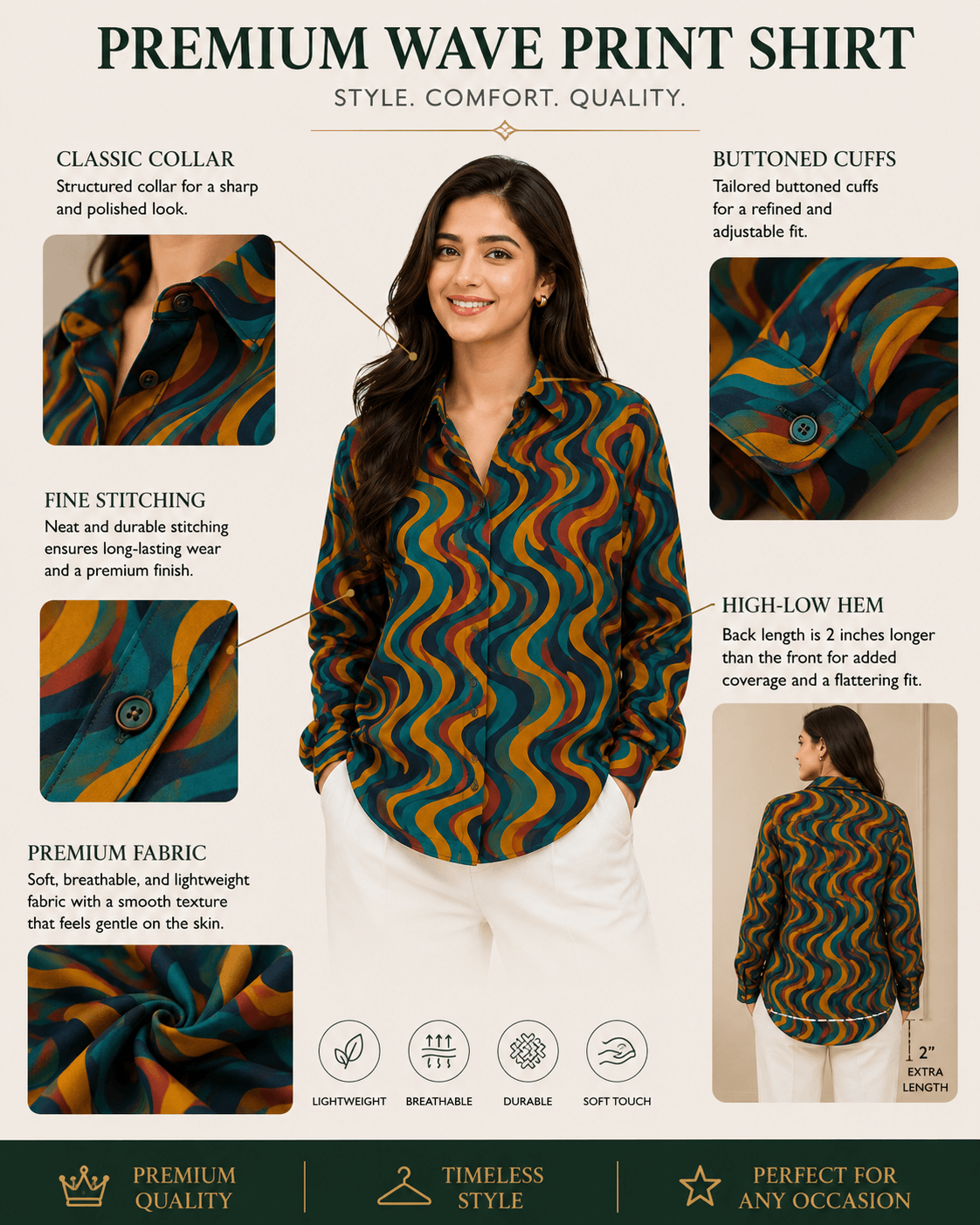 Wavy Bae Premium Swiss Cotton Button Down Shirt for Women | Soft, Breathable & All-Season Wear(Full Sleeves)