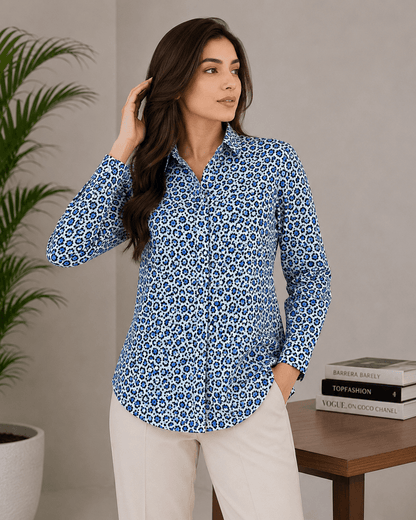 Leopard Bae(Blue Edition) Premium Swiss Cotton Button Down Shirt for Women | Soft, Breathable & All-Season Wear(Full Sleeves)