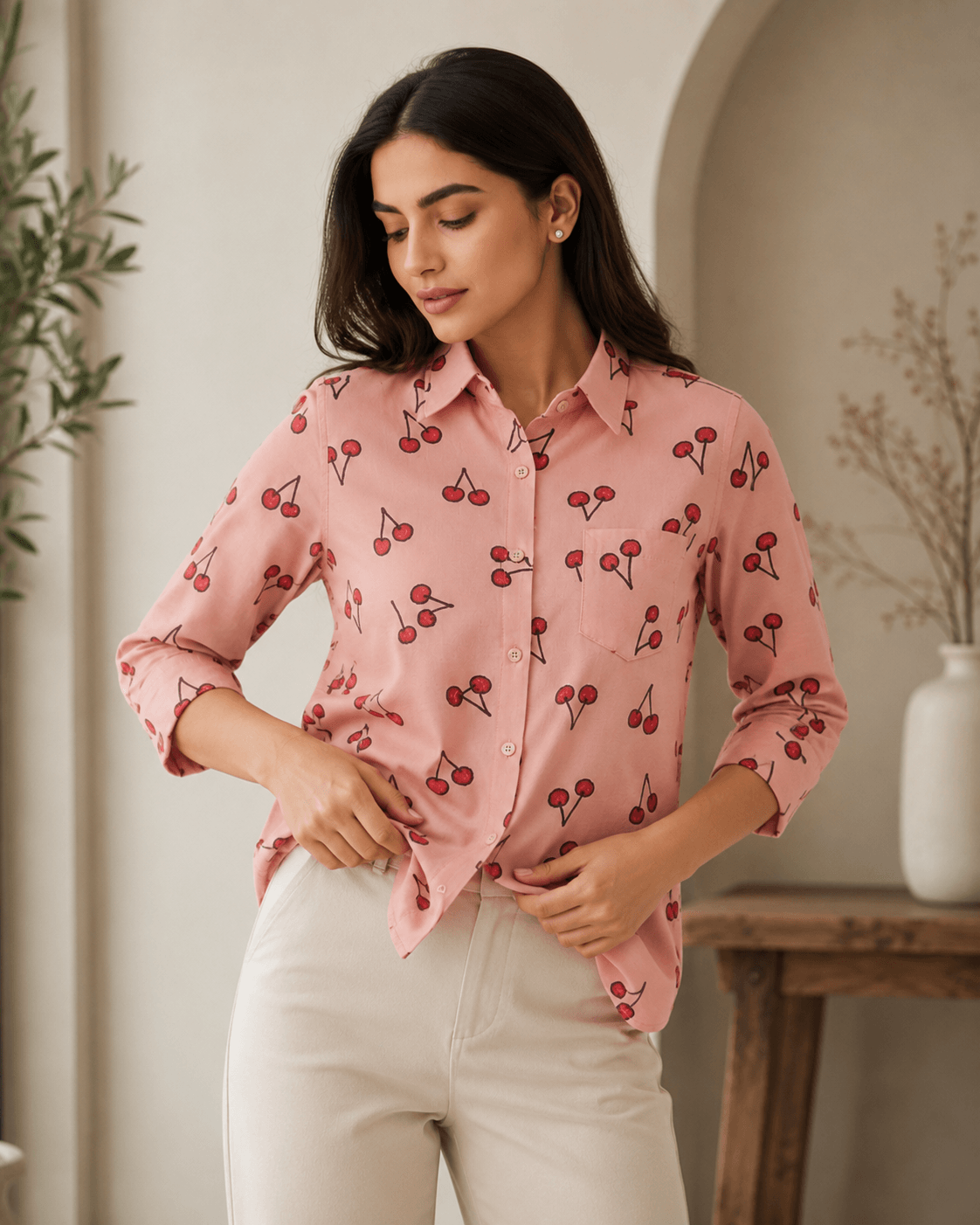 "Cherry Bae" | Button Down Shirt | Quarter Sleeves