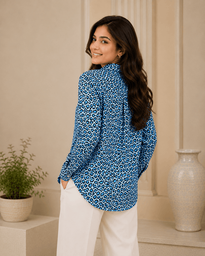 Leopard Bae(Blue Edition) Premium Swiss Cotton Button Down Shirt for Women | Soft, Breathable & All-Season Wear(Full Sleeves)