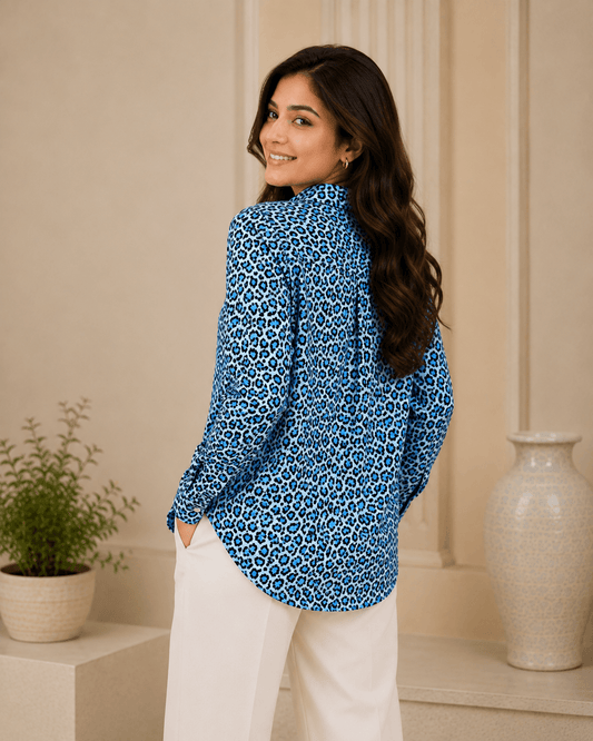 Leopard Bae(Blue Edition) Premium Swiss Cotton Button Down Shirt for Women | Soft, Breathable & All-Season Wear(Full Sleeves)
